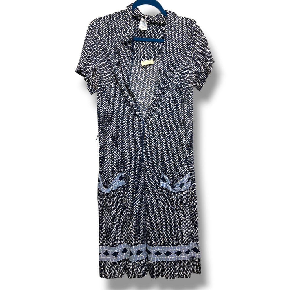 Vintage‎ 1970s Shift Dress Blue Geometric Short Sleeve Pockets Mid-Length